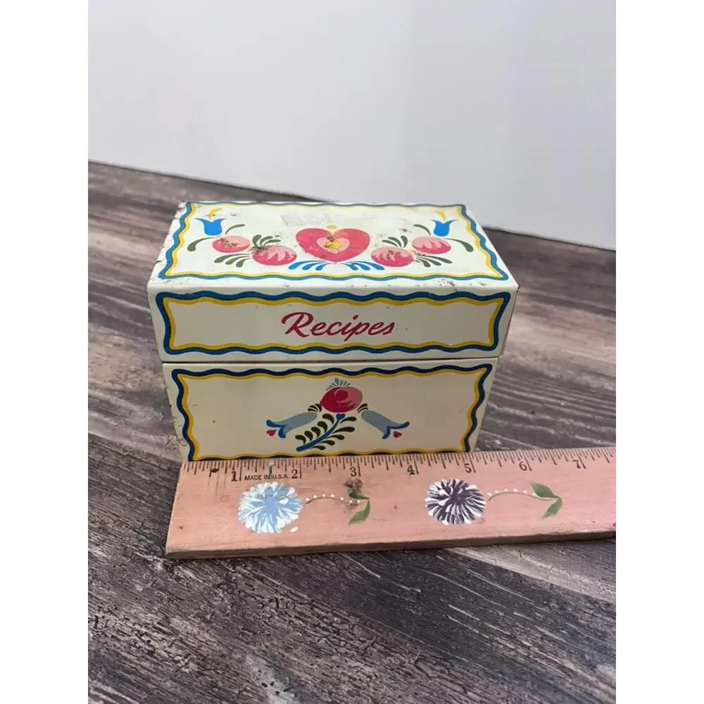 Vintage Ohio Art Metal Recipe Box Pennsylvania Dutch Folk Art Tin with Recipes
